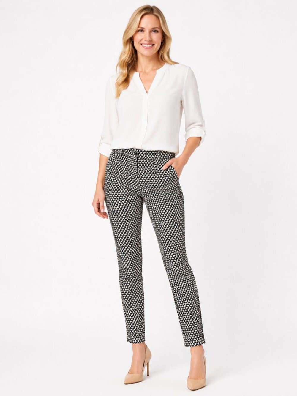 LOFT Julie Skinny Pants Women Size 8 Black White Print Stretch Cotton Blend